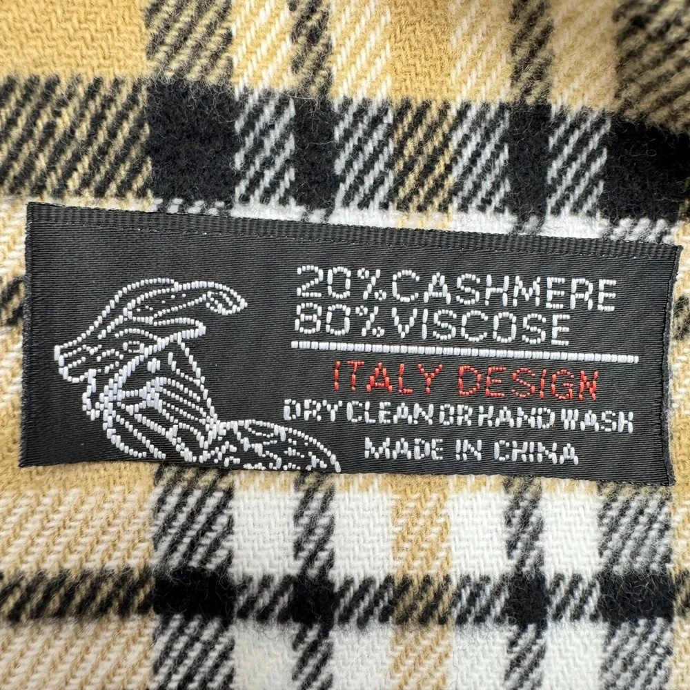 Italy Design Cashmere Blend Scarf Tan Plaid Fringe 20% Cashmere 80% Viscose
